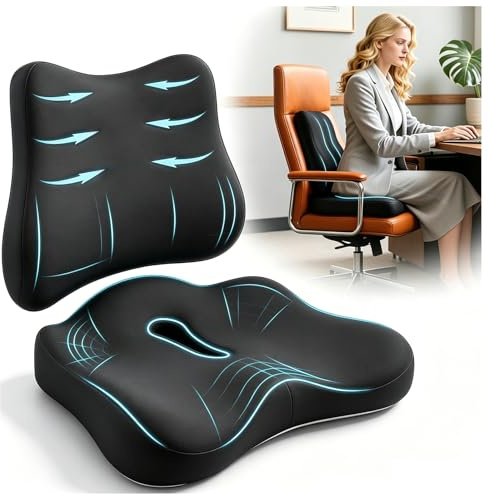 2 in 1Cuscino Sedia Ufficio Memory Foam Supporto Lombare e Seduta Cuscino Lombare Auto Ergonomico per Auto e Gaming, Allevia Dolore Coccige e Schiena, Fodera Lavabile e Base Antiscivolo