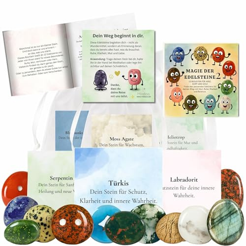 Milaboo Magie der Edelsteine 2 – 12x Glückssteine mit Bedeutung & Karte im Organzasäckchen – Dekoratives Geschenkset mit Broschüre – Mutstein & Schutzstein