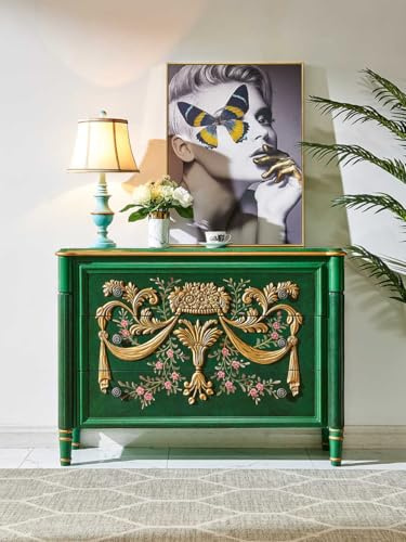 interoknack American Luxury - Cómoda pintada a mano con detalles barrocos dorados, estilo colonial francés para dormitorio, color verde
