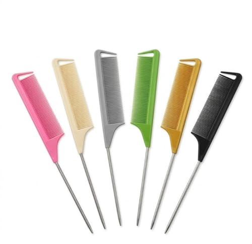TSUOUKL 6 Pezzi Pettine a Coda 22cm, Pettine Professionale da Parrucchiere con Punta in Acciaio Inox, Pettine Antistatico per Styling e Trecce, 6 Colori (Fucsia, Beige, Grigio, Verde, Oro, Nero)