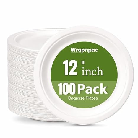 Wrap n Pac Strong Paper Plates 12 Inch 100pcs - Heavy Duty Disposable Bagasse Sugarcane Plates, 100% Compostable and Plastic Free, Microwave Safe for Pizza, BBQ, Buffet, Party and Wedding