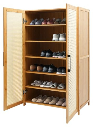 Mueble para zapatos de 6 niveles de bambú, armario, almacenamiento de puertas con estantes, estante para zapatos, capacidad de carga, 10 kg, organizador de entrada, pasillo, dormitorio, armario
