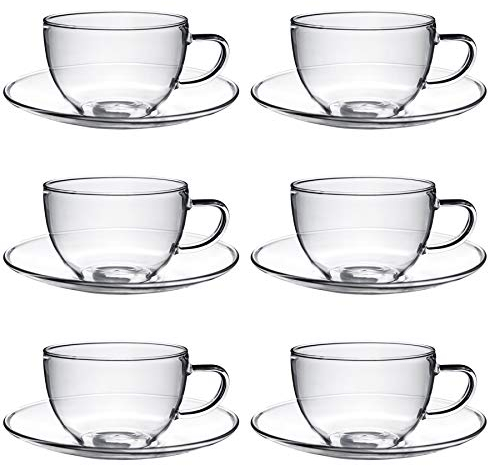 Argon Tableware Clear Glass Cappuccino Cup & Saucer Set - 260ml, Pack of 6 - Dishwasher Safe Tea & Coffee Mugs, Perfect for Coffee, Cappuccinos, Lattes & Hot Beverages