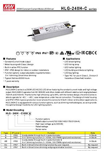 Mean Well HLG-240H-C700B LED-Treiber Konstantstrom 249.9W 700mA 178-357 V/DC 3 in 1 Dimmer Funktio