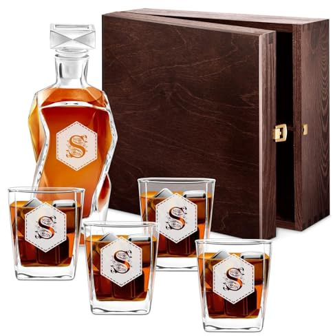 Maverton Set Decanter per Whisky in vetro - da 700 ml - incisione personalizzata - Caraffa con 4/6 bicchieri - idea regalo per il compleanno - per l’ uomo - Esagono floreale