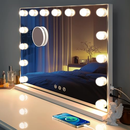Kottova 23x18.1 Vanity Mirror with Lights, Lighted Makeup Mirror with 15 Dimmable LED Bulbs, Hollywood Mirror with 3 Color Lightings, USB Charging Port Touch Control, Metal Frame,Plug in (White)