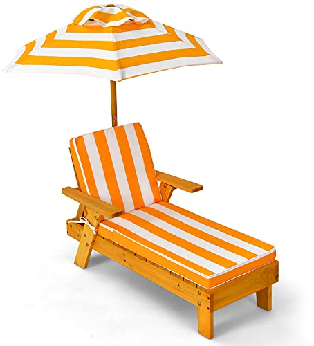 COSTWAY Kinder Sonnenliege mit Sonnenschirm und Auflage, Gartenliege aus Holz, Kinderliege, Holzliege bis 50 kg belastbar, Gartenmöbel für Kinder