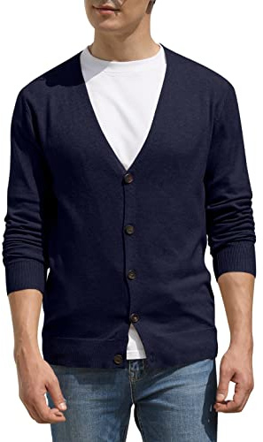 Hisir Men's Knit Cardigans Jumpers Lightweight Classic Soft Wool V Neck Cardigan with Buttons, Long Sleeve Knitwear Pullover Sweaters for Men, Mens Gift (Navy Blue, XL)