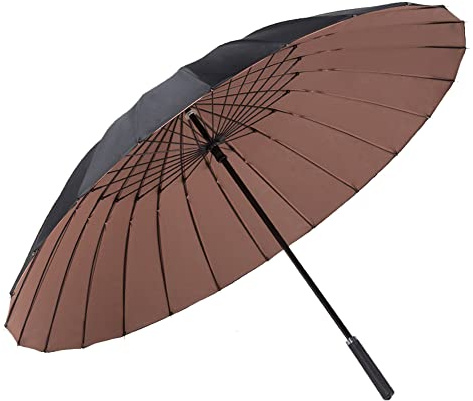 ThreeH Walking Stick Umbrella 190T 24 Ribs Double Canopy Long Handle Straight Anti-UV Sun/Rain Windproof Golf Umbrella,Coffee