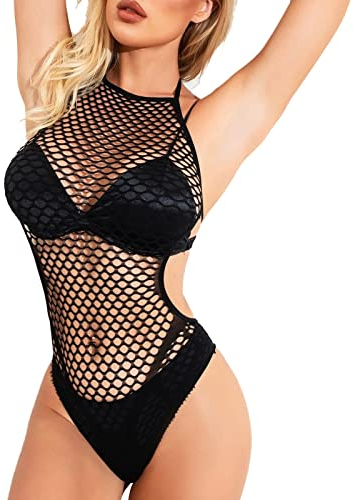 WTMFORU Fishnet Body für Frauen Liebchen Damen Aushöhlen Durchschauen EIN Stück ärmellos am Hals binden Camisole-Dessous Neckholder Bodysuit Westen Ausgeschnitten Teddy, Einheitsgröße-XL, Schwarz