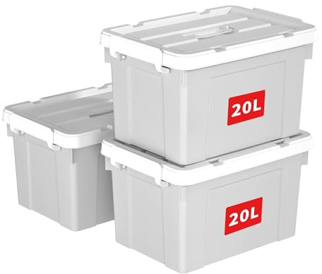 Cetomo 20L*3 Storage Boxes, Carry Plastic Storage Box with Lids, Organizing Container with Handle and Secure Latching Buckles, Stackable, Nestable, Tote Bin for Home Office Clothes, 20L-3Pack, Gray