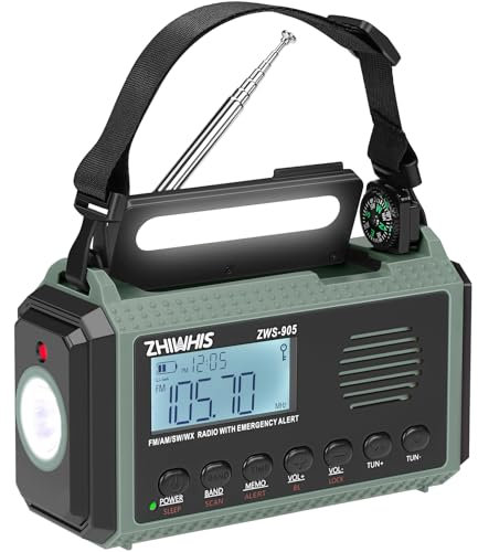 ZHIWHIS ZWS-905 - Radio di emergenza con allarme NOAA automatico, 10000 mAh AM FM SW, radio meteorologiche, manovella, solare/SOS/Flashligh/lampada da lettura/timer, ricevitore portatile con preset