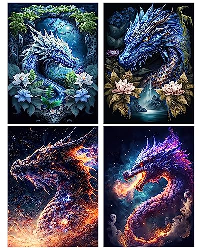 RICUVED 4 Stück Drache Diamond Painting Bilder, 5D Drache Diamant Painting Bilder Erwachsene Tier Diamant Malerei Bilder Set Full Drill Diamond Painting Cross Stickerei Malerei für Heimdekor 30x40cm