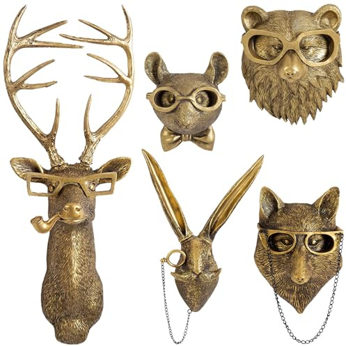 GUASDIE Animal Heads Wall Decor, Gold Faux Deer Head Mount, Animal Sculptures Wall Decor, Vintage Resin Hanging Decoration for Living Room Bedroom Kitchen Office Gift,5pcs