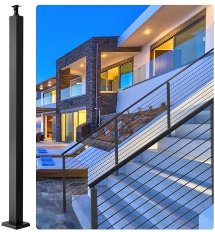 VEVOR Cable Railing Post, 36 x 2 x 2 Steel Level Deck Railing Post Without Holes, SUS304 Stainless Steel Cable Rail Post, Stair Handrail Post with Horizontal and Curved Bracket, 1-Pack, Black