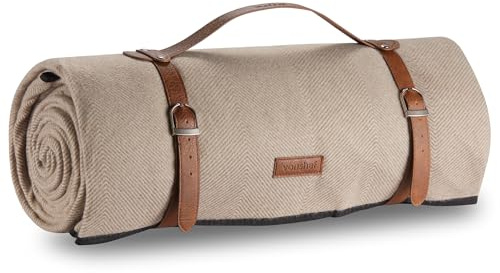 VonShef Picnic Blanket, Beige Herringbone, 200x300cm | Outdoor Rug, Waterproof Backing, 10 Person Weatherproof, Faux Leather Handle, Travel Camping Accessories