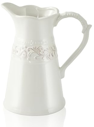OTARTU White Ceramic Pitcher Vase, Flower Pitcher,Farmhouse vase for Home Décor, 8.5inch Jug Vase.