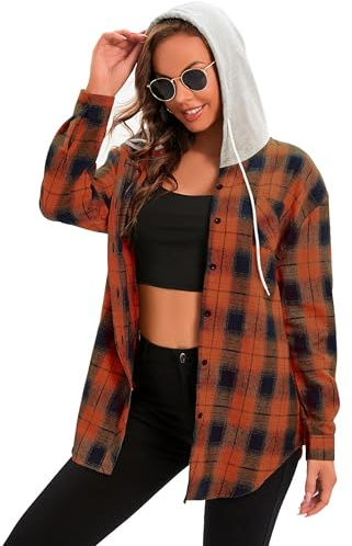 Jhsnjnr Damer oversize flanellskjorta huvtröja knapp rutig V-ringad topp mode långärmad rutig blus, apelsin, M