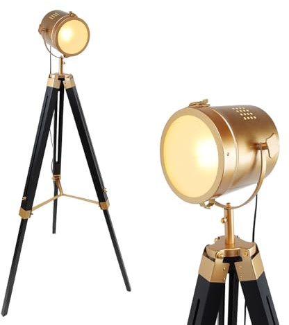 Alpinaluz Lámpara de Pie Cinema Trípode de Madera Negra Natural - Cabezal Dorado Orientable con Cristal Opaco, Casquillo E27, Estilo Náutico Vintage para Salón Comedor