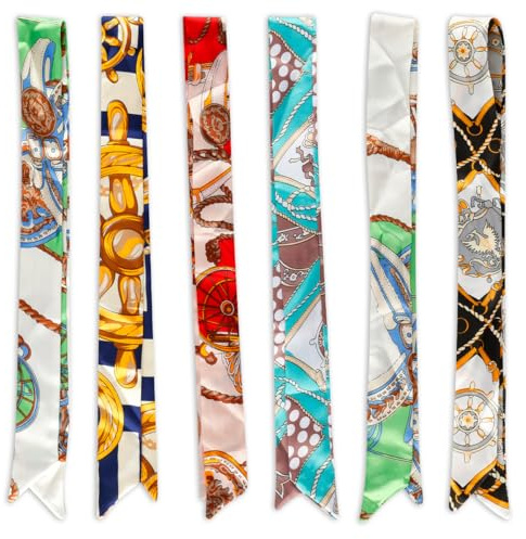 Thyonta 6 Pcs Neckerchief Scarf - Stylish Decorative Accessories Narrow Beveled Scarves for Ladies Universal in All Occasions Handbag Handle Wrap Gift Wrapping Ribbon (Multicolor)