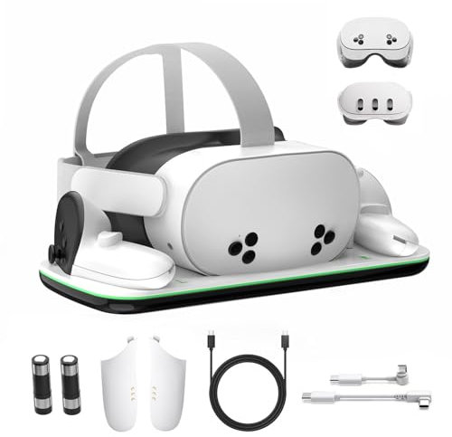 Charging Dock Compatible with Meta Oculus Quest 3/3S, VR Headset Controller Accessories, Charging Station with Closable LED Indicator, Magnetic Charging, Fast Charging, 2 Rechargeable Batteries