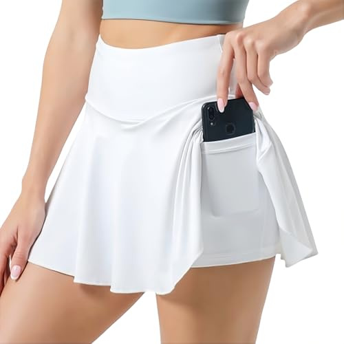 SamHeng Gonna da Tennis per Donna Gonne Sportive con Pantaloncini Gonna Plissata con Tasche Cintura Alta Skort per Allenamento Golf Skorts da Corsa Fitness Sportiva Base Mini Gonna‌(Bianco/M) ‌