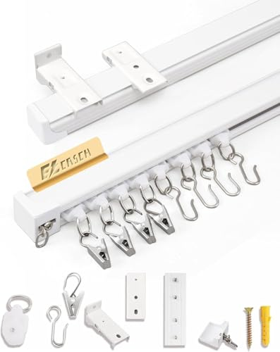 Ezcasch Gardinenschiene 1.5m Aluminium Vorhangschiene, Gardinenschiene 1 läufig Weiß Deckenmontage Gardinen Schienensystem für Raumteiler, Balkon, Privatsphäre(Schiene x 2)