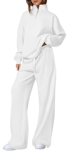 PRETTYGARDEN Womens Casual Two Piece Sets Fall 2026 Outfits Quarter Zip Sweatshirts Straight Leg Pants Sweatsuits Tracksuit (White,Large)