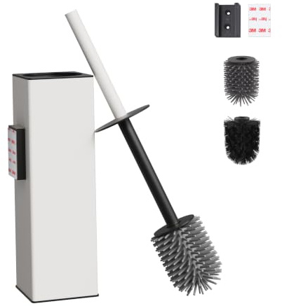 BVL Escobilla de baño de montaje en pared, color blanco mate, soporte para escobilla de inodoro sin taladrar, metal, incluye 2 cabezales de cepillo, escobilla de silicona para inodoro, cepillo