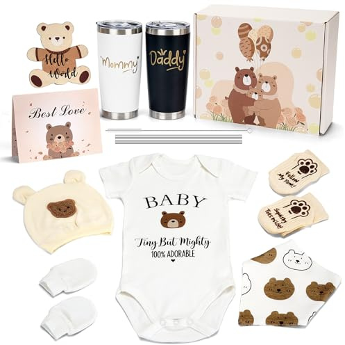 Neugeborenen Geschenk, 13-in-1 Baby Geschenkset für Jungen Mädchen, Babygeschenke mit 2 Tassen Neugeborenen Strampler Handtuch Mütze Socken Handschuhe