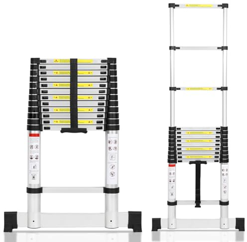 Fiqops aluminium teleskopstege 5 m med stabilisator, utdragbar stege, halkfri aluminiumledare stående stege multifunktionsstege utdragbar aluminiumstege, 150 kg lastkapacitet