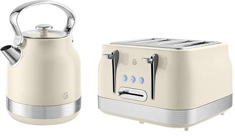 Swan Retro Kitchen Set, 1.7L Rapid Boil Kettle with 360 Degree Base, 3000W, and 4 Slice Toaster with 7 Browning Levels, 1860W, Cream, SK14631C & ST19029C