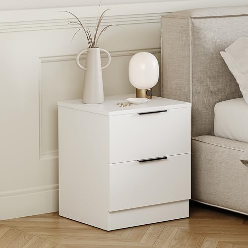 Vida Designs Trega 2 Drawer Bedside Cabinet White - Compact Space-Saving Nightstand - 41H x 39W x 28D cm - Engineered Wood - Glide Drawers, Modern Black Handles - Ideal for Bedroom & Guest Room