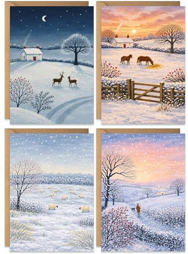 Christmas Cards Packs of 20, 4 Contemporary Winter Scene Painted Designs, Eco-friendly and, Blank Inside with Envelopes, 2026 Festive Multipack Bulk Set, For Friends Family Colleagues