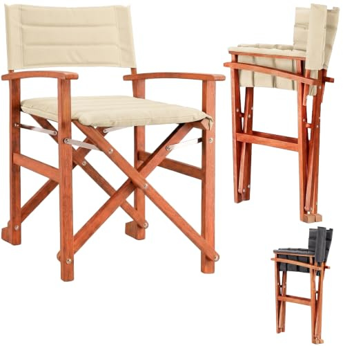 CASARIA Wooden Garden Directors Chair Folding, Foldable, Padded Seat, Cream | Eucalyptus Wood Frame Fabric Seat Foldable Outdoor Chair, Patio Balcony Camping Garden Furniture 160kg Capacity