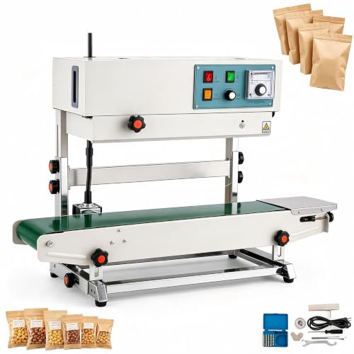 Vertikal automatisk kontinuerlig tätningsmaskin | Med pektermostat for PVC-påsar och aluminiumfolie, tryck på flera hjul och justerbar hastighet(Silver)