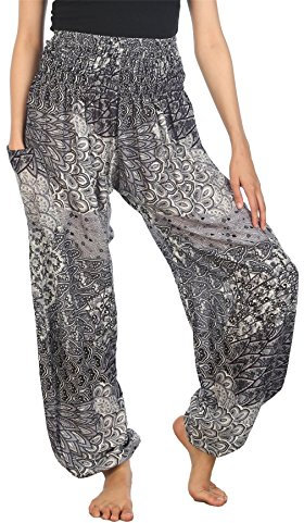 Lofbaz Damen Boho Haremshose Festival Outfit Sommerhose Leicht Yogahose Pumphose Hippie Hose Kleidung Sommer Hosen - Peacock 3 Schwarz B 4XL Große Größen