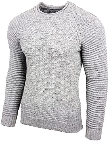 Baxboy B-8056 Pull en tricot à col rond pour homme Grosse maille, gris, XXL