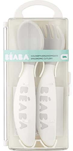 Béaba - Set of 2 Learning Cutlery Ergonomic 2 - Year of Age, from 8 Months - Baby-Friendly - Suitable for Right and Left-Handed Users - Includes Transport Box - Light Mist