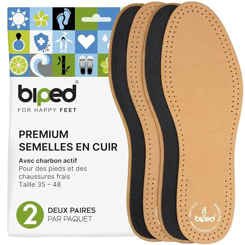 biped 2 par premium lädersulor med aktivt kol - Andningsbara sulor mot svettiga fötter - Mjuka lädersulor för män och kvinnor z2763(48)