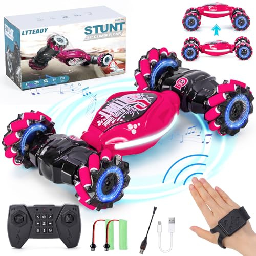 Ltteaoy Fjärrstyrd bil för barn som kan styras med handrörelser, fyrhjulsdrift, 2,4 GHz, från 6 till 12 år, dubbelsidig rotation, terrängläge, 360°, med ljus och musik, rosa