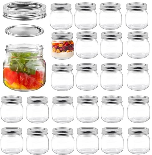 MSYU 28 Pack 250ml Glass Mason Jars with Airtight Lids, Clear Jam Jars for Preserving & Chutney, Leakproof Glass Storage Jars for Overnight Oats, Honey, Spices & DIY Wedding Favours