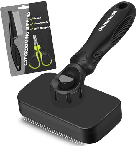 Comotech 3PCS Cat Grooming Supplies, Cat Brush & Nail Clipper/Trimmer & Flea Comb for Shedding Indoor Cats Essentials Stuff Accessories (Black)