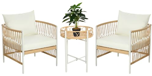 Outsunny 3er Set Rattan Gartenmöbel-Set, Gartengarnitur mit 2 Gartenstühle, Couchtisch, Balkonmöbel-Set mit Kissen, für Balkon, Terrasse, Gelb+Creme