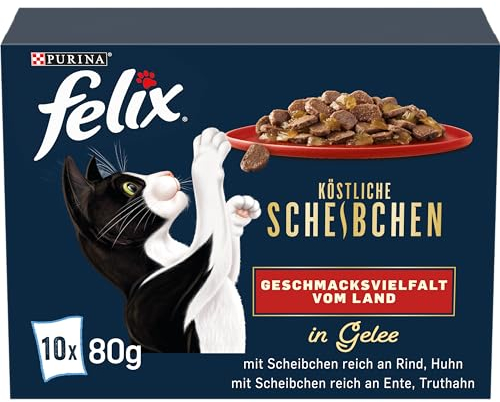 Felix Köstliche Scheibchen Katzenfutter nass in Gelee, Geschmacksvielfalt vom Land, 6er Pack (6 x 10 Beutel à 80g)