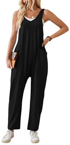 SotRong Black Jumpsuits for Women Uk Summer Casual Slouchy Playsuits Baggy Loose Overalls Sleeveless V Neck Tank Rompers with Pocket S