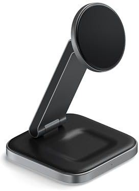 SATECHI OntheGo™ Chargeur Induction 2 en 1 Pliable, Station de Charge sans Fil Magnétique 15W Certifiée Qi2 pour Tous Les iPhone 17, 16, 15 à 12 et AirPods avec Boîtier de Charge sans Fil