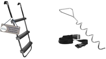 HUDORA Universalleiter - Rutschhemmende Trampolinleiter mit Breiten Stufen & Erdanker-Set - Trampolin Zubehör Bodenanker - 65011