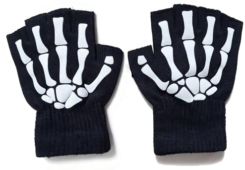 Lozadia Halloween Skeleton Glove Black Fingerless Skull Glove Glow in The Dark Luminous Winter Black Fingerless Gloves, Soft Stretchable for Adult Men Women Halloween Party Costume Accessories