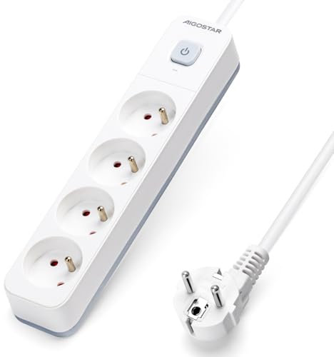 Aigostar Multiprises 4 Prises avec Interrupteur, Extension d'alimentation de 3 Mètre, Sécurité Enfant, Française, Blanc, 16A 250V